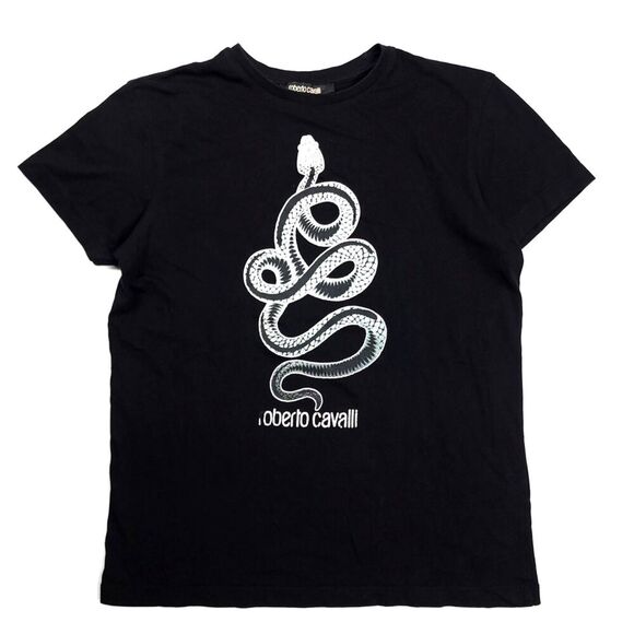 ROBERTO CAVALLI 90s Snake Print Logo Short Sleeve Crew TShirt Black Medium Y2k - Picture 1 of 9